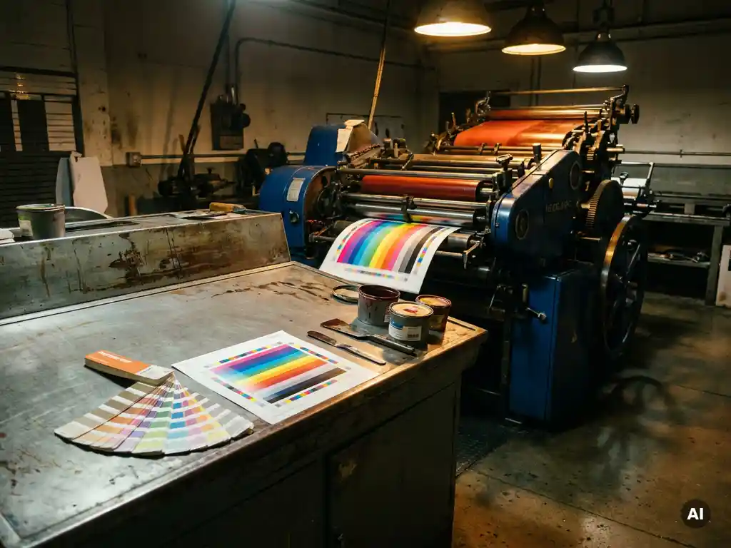 Heidelberg drukpers rolt kleurkalibratievel, omringd door kleurenwaaier, proefdruk en inktmenggereedschap op industriële persconsoie.