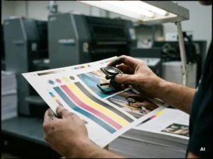 Drukker met inktvlekken op handen houdt kleurenproef onder loep met CMYK-swatches en kalibratiebalk, Heidelberg-pers op achtergrond.