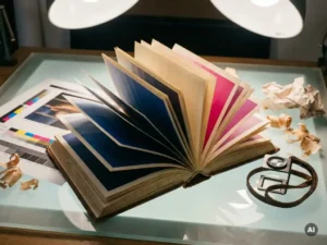 Pantone kleurenwaaier opengevouwen op een lichttafel met CMYK-inktverlopen, drukproef en loupe ernaast.
