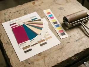 Pantone kleurenwaaier en CMYK teststrip op lithografiesteen, met Heidelberg inktwals, in magenta, cyaan en crèmetinten.