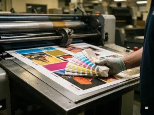 Drukker houdt CMYK-kleurenwaaier naast bedrukt magazinevel op offsetpers, inktrollers onscherp op achtergrond.