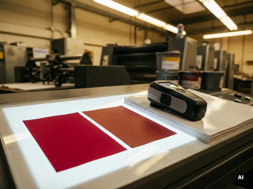 Twee afgedrukte kleurstalen op een lichttafel in een drukkerij, met een levendige merkrood naast een subtiel afwijkende rode tint, en een gekalibreerde spectrofotometer op gecoat papier.