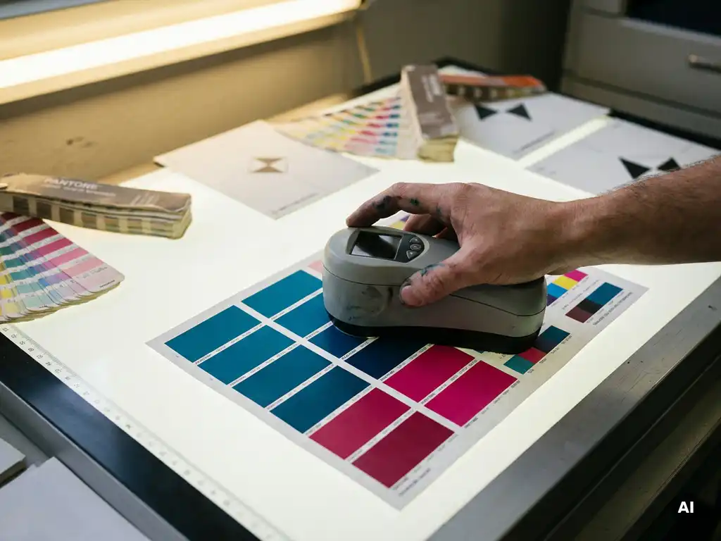 Drukker meet kleurnauwkeurigheid met spectrofotometer op kleurstalenvel, omringd door Pantone waaiers en kalibratiedoelen.