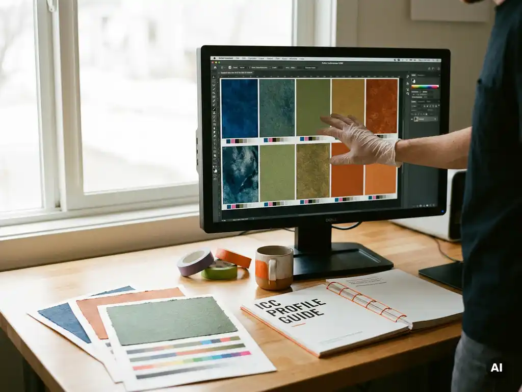 Ontwerper bekijkt CMYK-kleurkalibratie op monitor, omringd door kleurstaalvellen en ICC-profielboekje op studioburo.