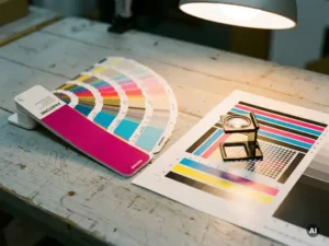 Pantone kleurenwaaier naast CMYK-testvel op drukkerijwerkbank, met loupe die inktrasterpatronen toont en magenta en cyaan swatches.
