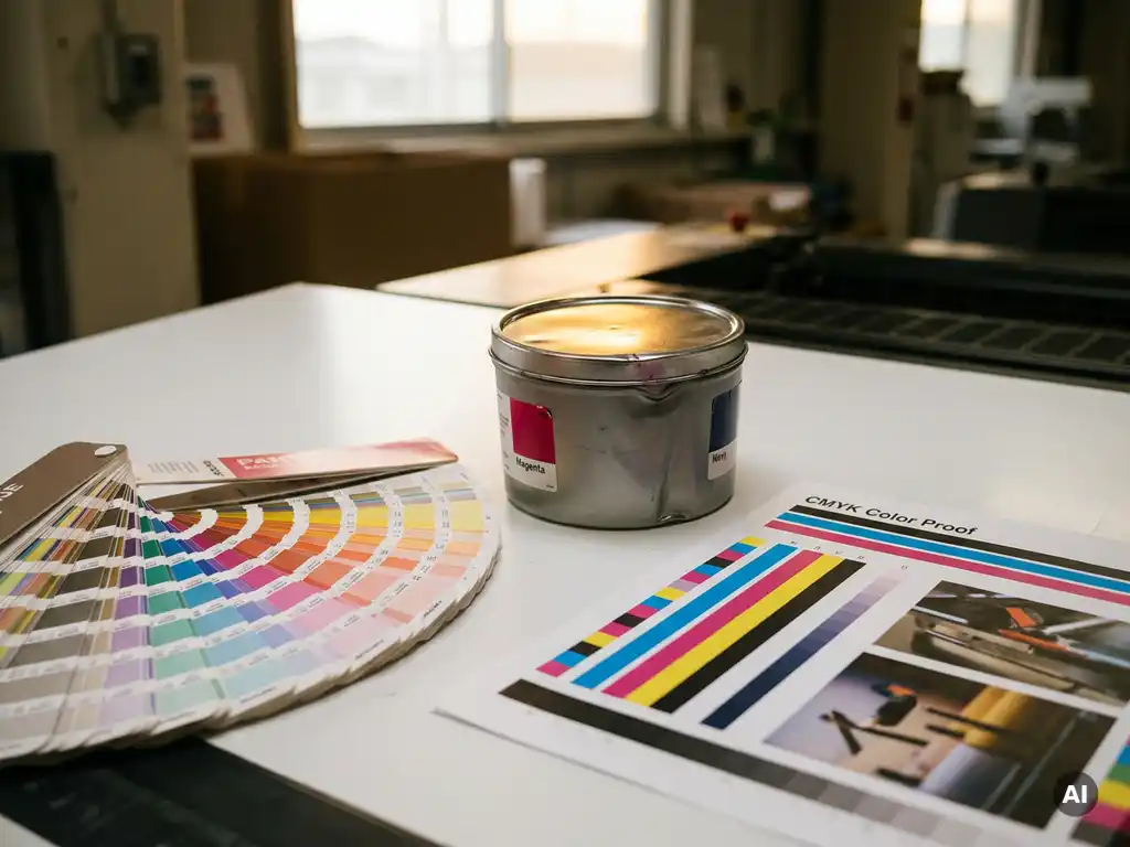 Pantone kleurenwaaier en CMYK proefdruk naast een magenta spot-color inktblik op een witte persruimte ondergrond.