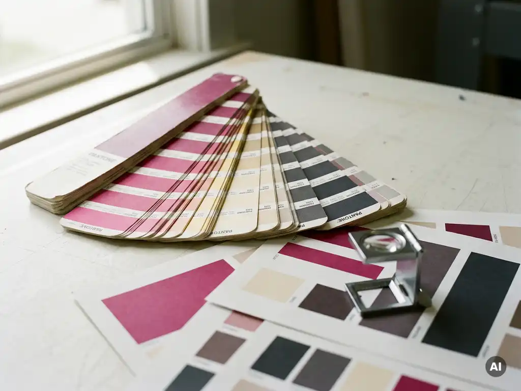Pantone kleurenwaaier opengevouwen naast kleurstalen en meetloep op wit drukkerijoppervlak, in magenta, crème en antraciet.
