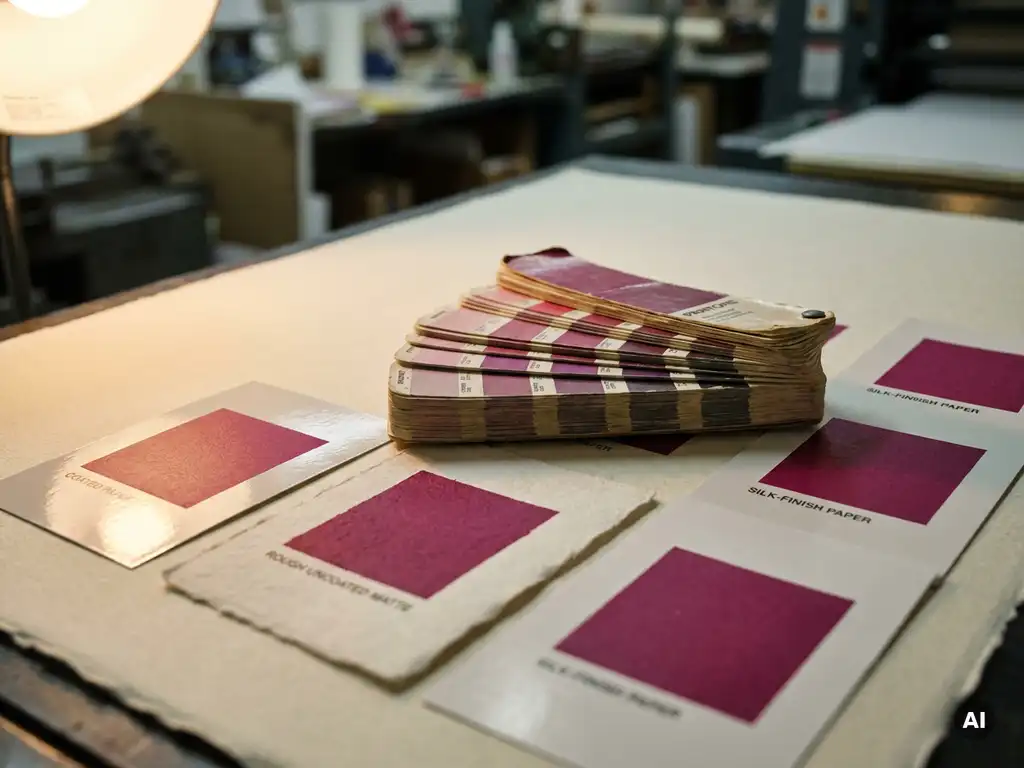 Pantone kleurenwaaier opengespreid op drukvellen met papiermonsters in glanzend, mat en zijdeglans, allemaal met diepe magenta inkt.