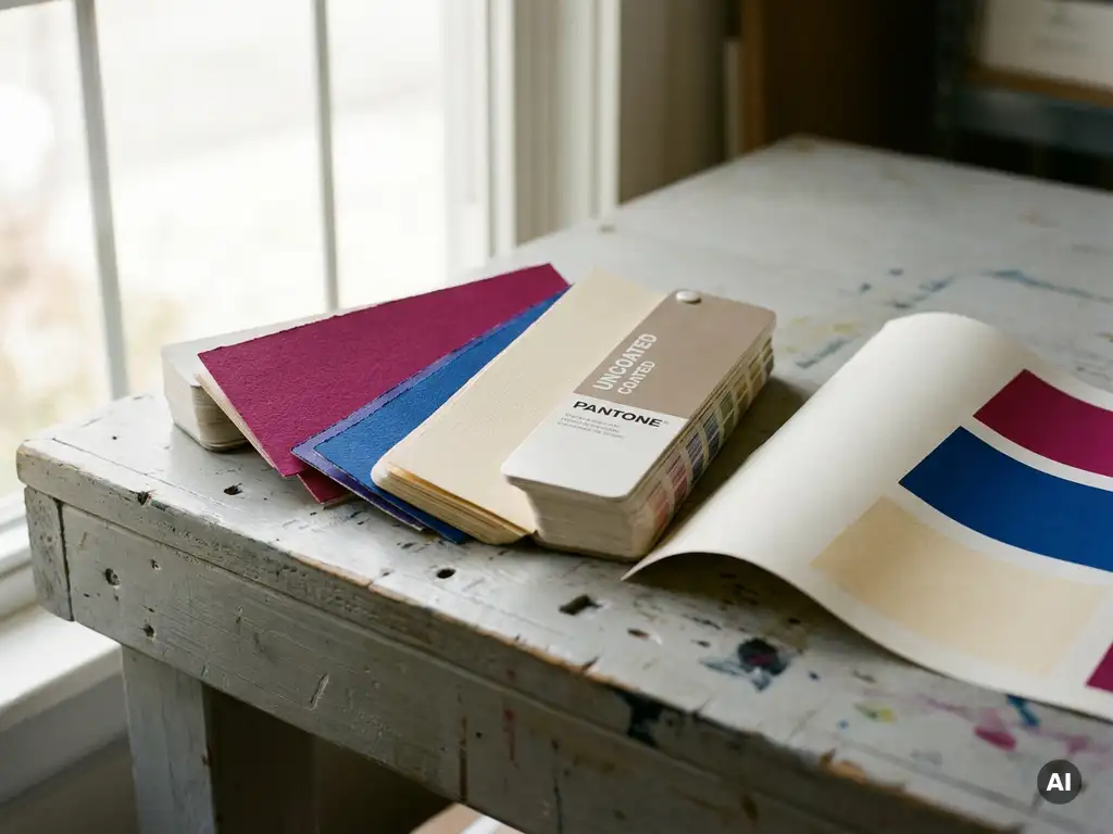 Pantone kleurenwaaiers gecoat en ongecoat opengeslagen op een grijze werktafel met magenta, kobaltblauw en crèmekleurige inktstalen.