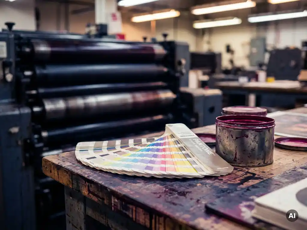 Pantone kleurenwaaier op inktgevlekte drukkerswerkbank naast een magenta spotkleurblik, met offsetpersrollen op de achtergrond.