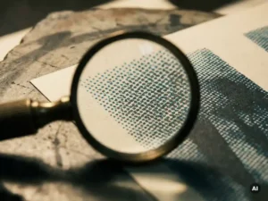 Loupe op gedrukt vel onthult onregelmatig gestippeld staccato-rasterpatroon op lithografiesteen, warme werkplaatsverlichting, cyaanblauw en crèmewit.